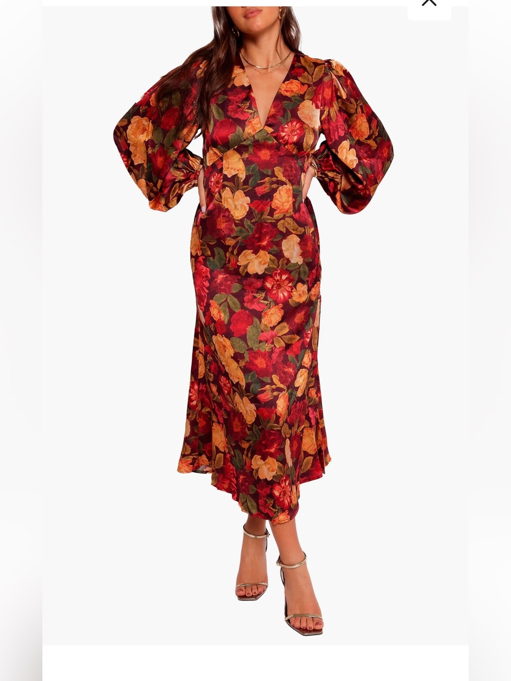 Petal & Pup Zimmer Floral Long Sleeve Satin Maxi Dress, Medium, Sangria Bloom
